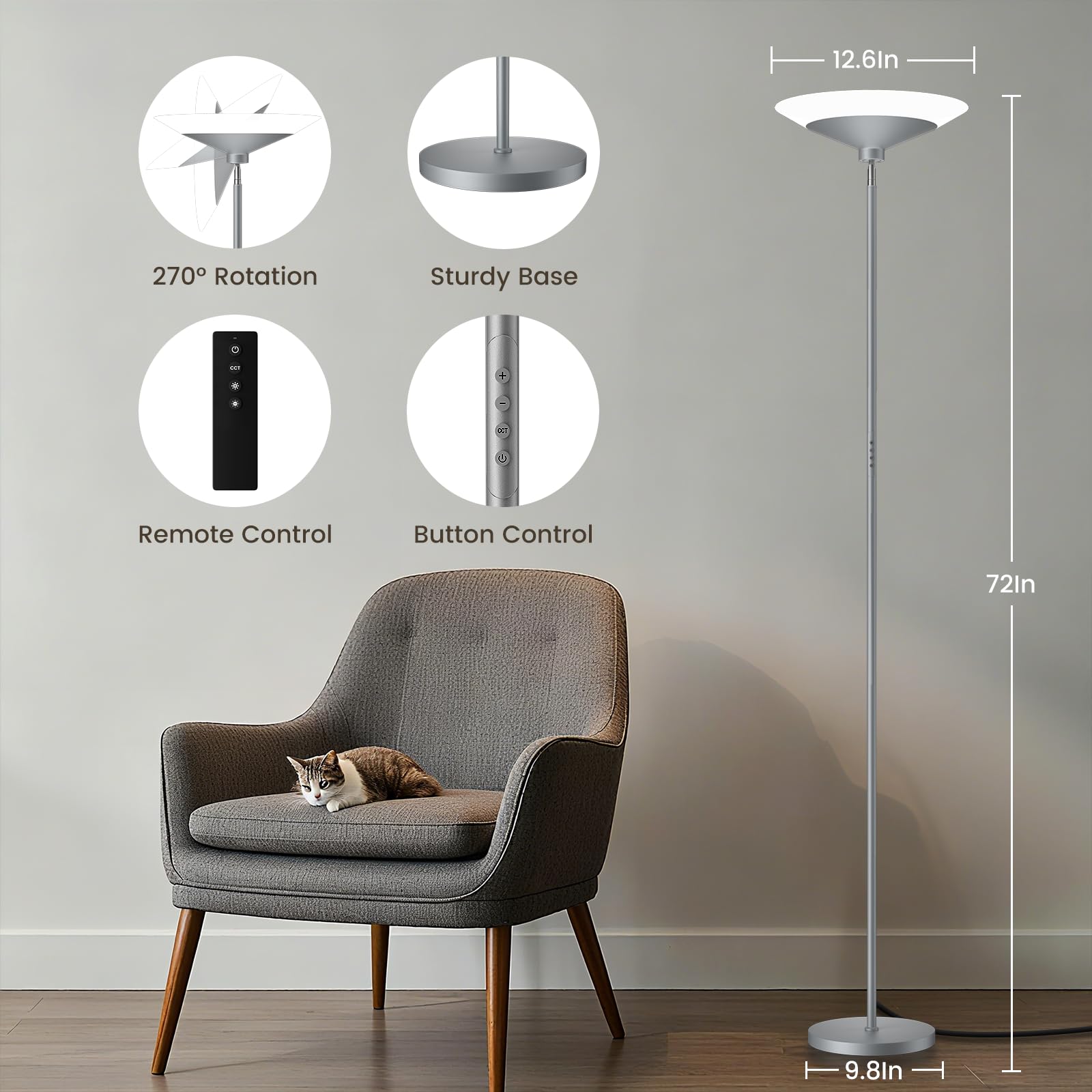 Silver Torchiere Floor Lamp - 30W Dimmable LED Standing Lamp with Remote/Button Control, 1800Lm, 3000-6500K, 72in Bright Standing Pole Light for Living Room Bedroom Office Corner