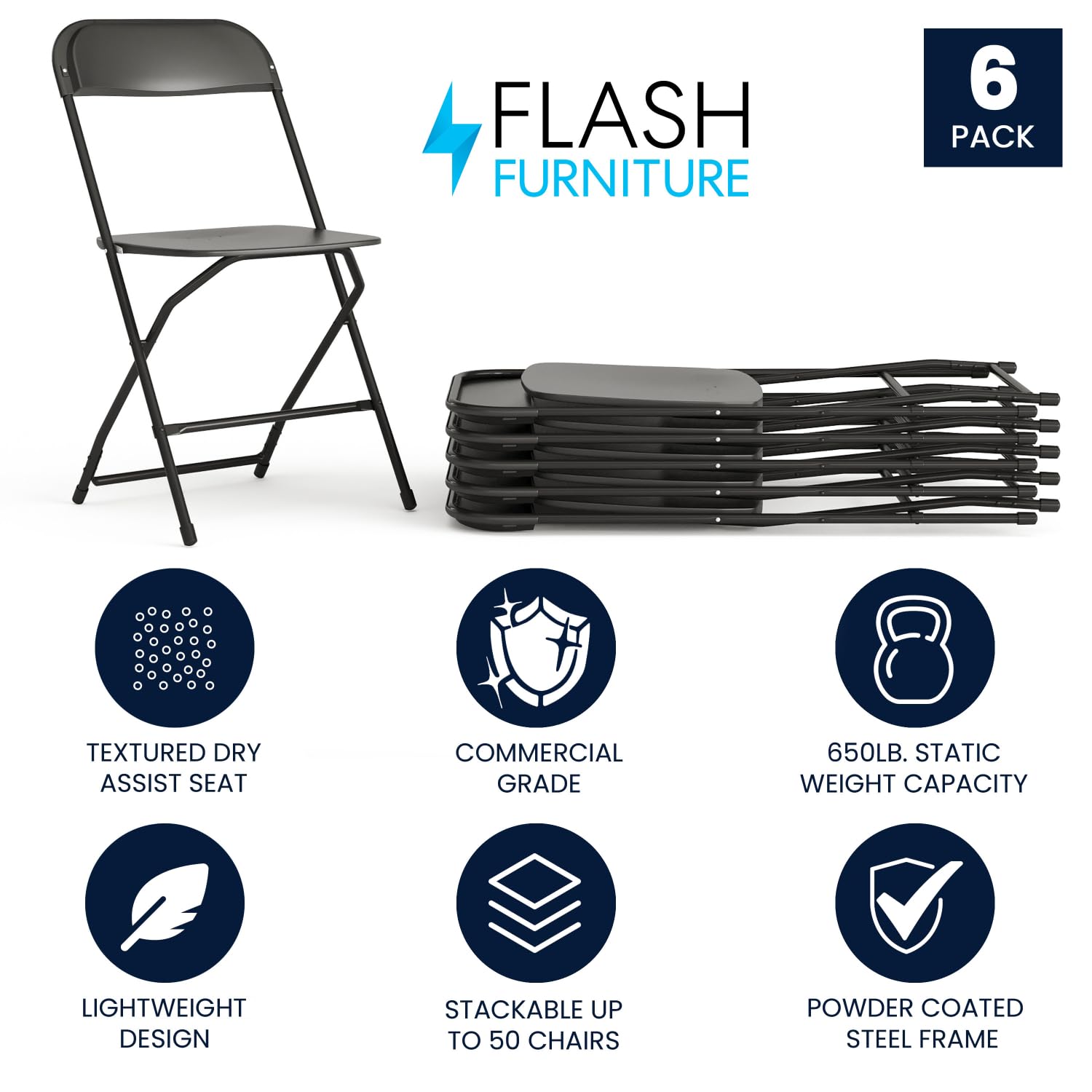 Set of 6, Black , Hercules Series Plastic Folding Chairs for Parties and Weddings, Stackable Commercial Event Seats with 650-lb. Static Weight Capacity,