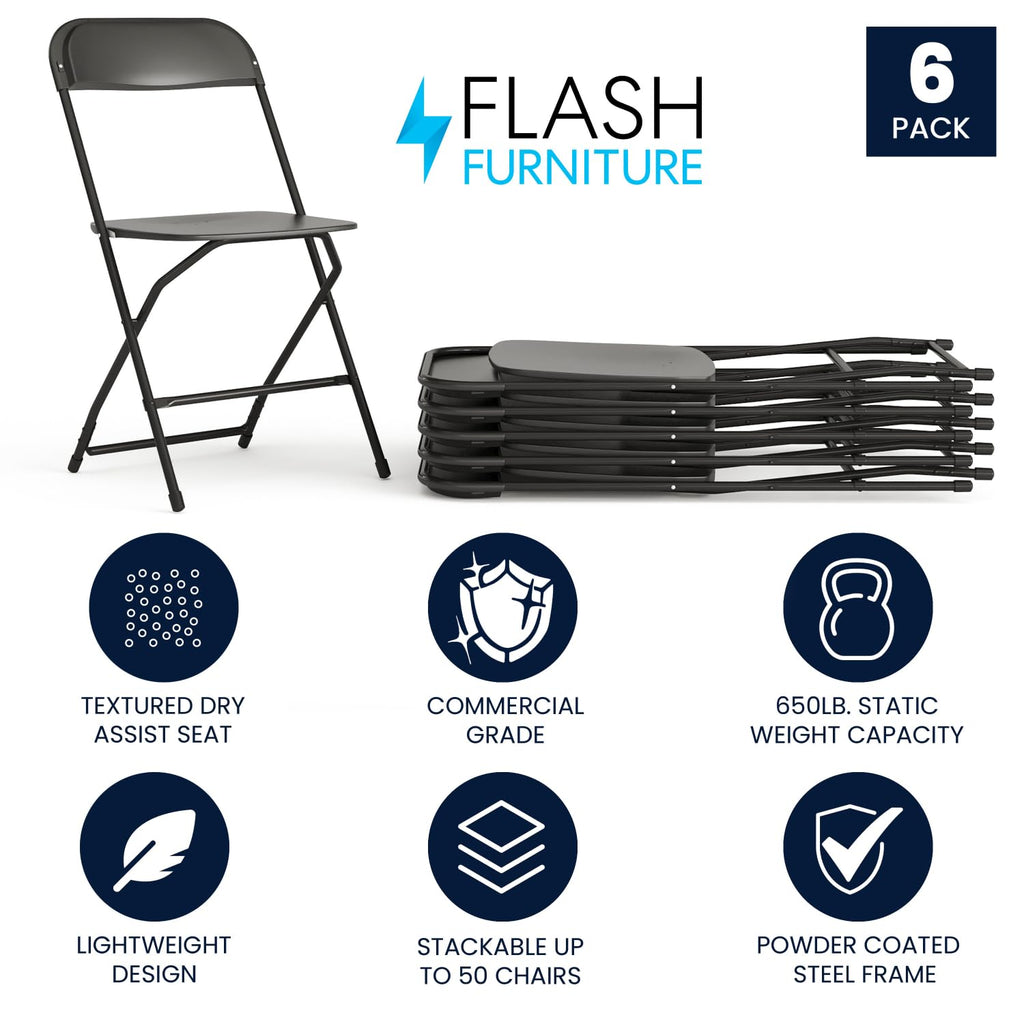 Set of 6, Black , Hercules Series Plastic Folding Chairs for Parties and Weddings, Stackable Commercial Event Seats with 650-lb. Static Weight Capacity,