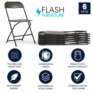 Set of 6, Black , Hercules Series Plastic Folding Chairs for Parties and Weddings, Stackable Commercial Event Seats with 650-lb. Static Weight Capacity,