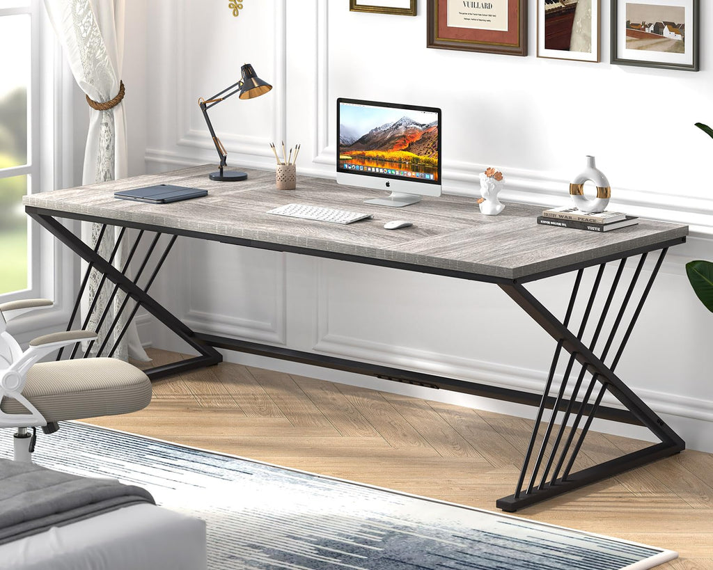 70.9" Industrial Computer Desk with Z-Shaped Legs, Modern Home Office Desk for 2 Person, Large Gaming Executive Workstation Study Table for Bedroom Writing, Light Grey