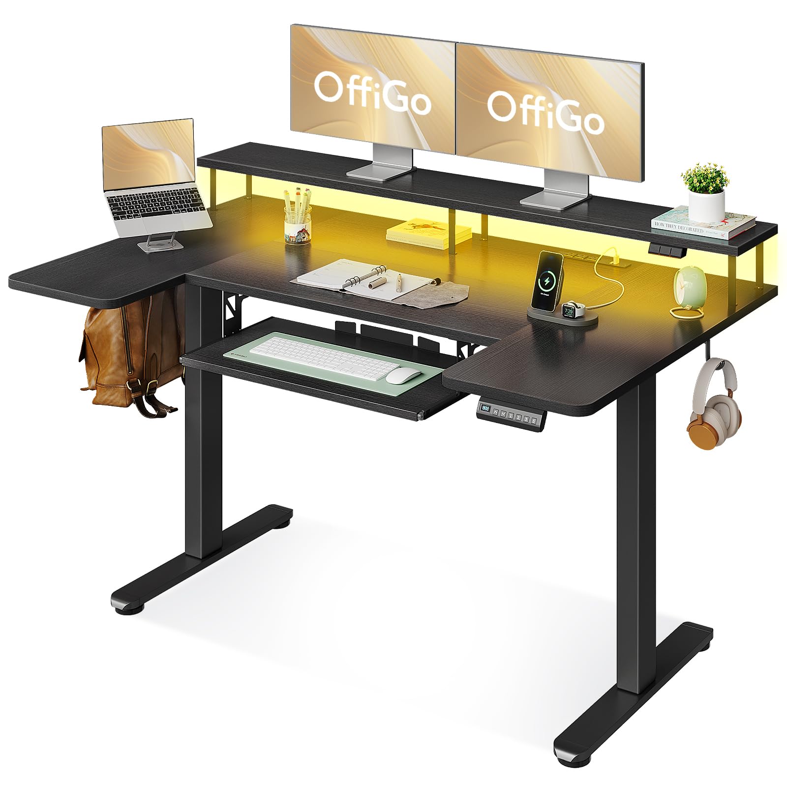 U Shaped Electric Standing Desk with Keyboard Tray, 55 Inch Height Adjustable Desk with Power Outlets & LED Lights, Sit Stand Table with Monitor Stand for Home, Office, Black