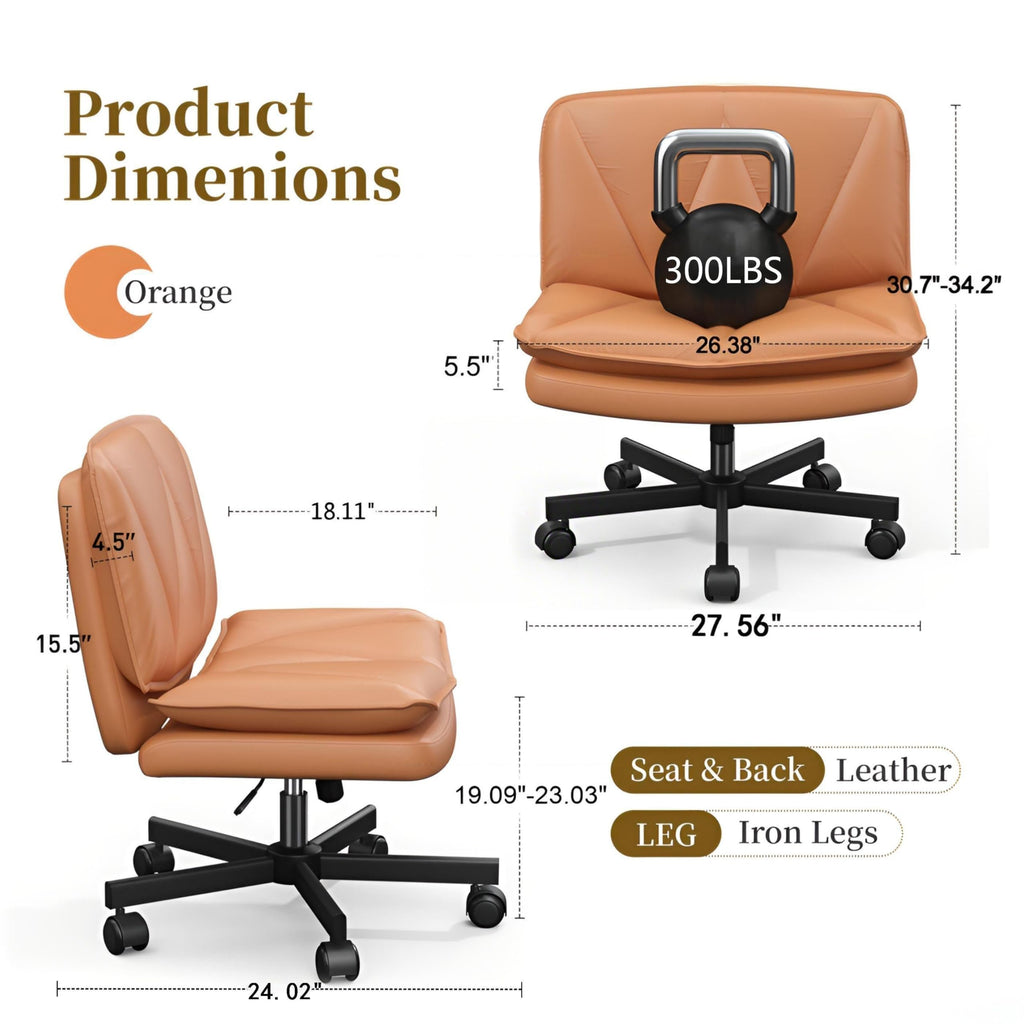 Criss Cross Chair with Wheels,Cross Legged Office Chair with 2 Layer Cushion,Comfy Wide Seat,Adjustable,Leather,Amless, for Home,Office,Bed Room Vanity,Orange
