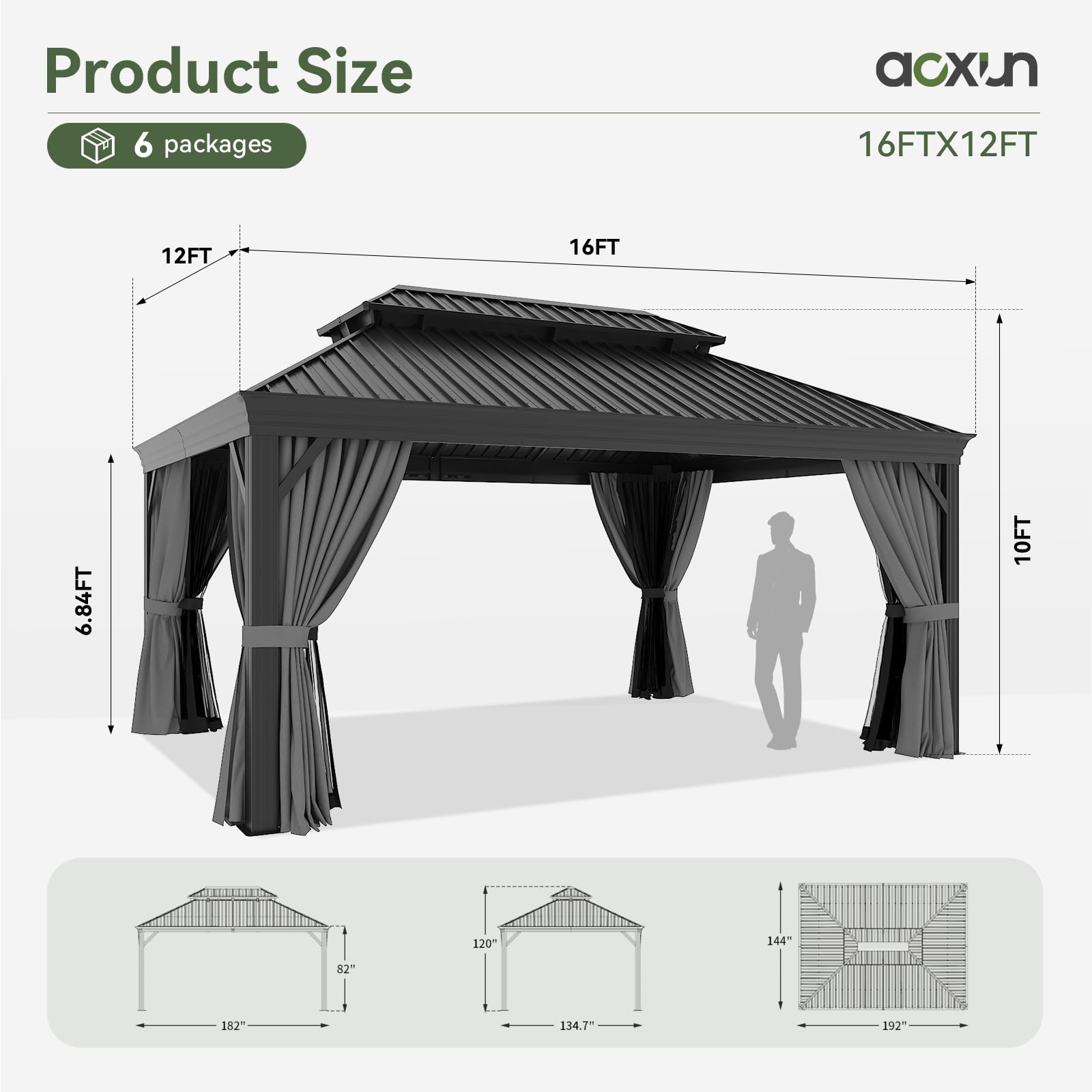 12' X 16' Permanent Hardtop Gazebo Aluminum Gazebo with Galvanized Steel Double Roof for Patio Lawn and Garden, Curtains and Netting Included, Grey