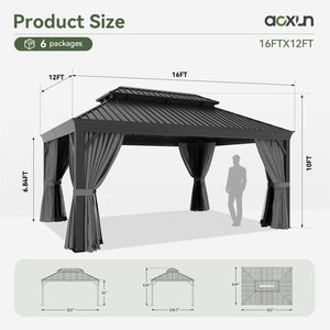 12' X 16' Permanent Hardtop Gazebo Aluminum Gazebo with Galvanized Steel Double Roof for Patio Lawn and Garden, Curtains and Netting Included, Grey