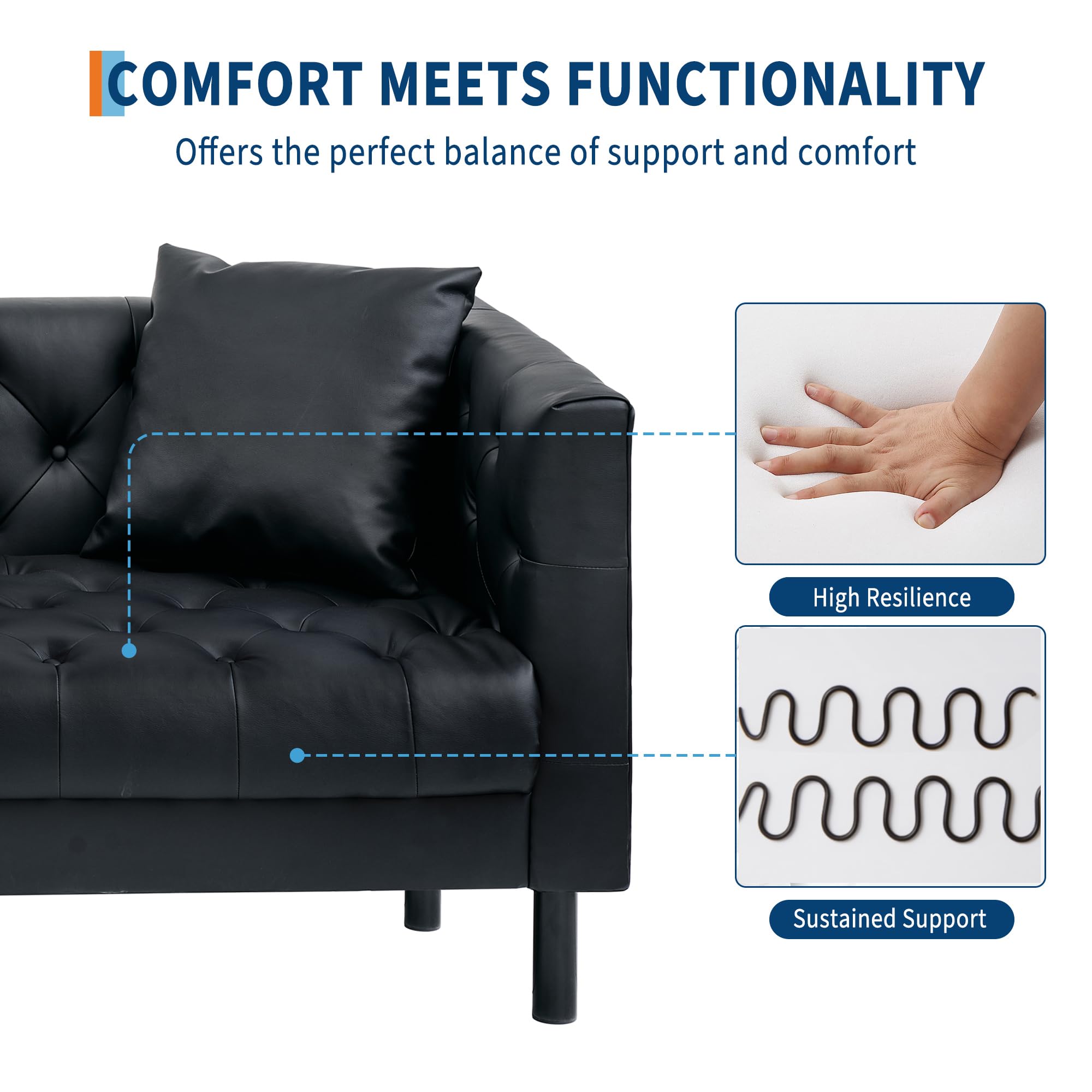 81 in Leather Couch for Living Room, Modern Leather Sofa with Deep Seat, Handmade Button Tufted 3 Seater Sofa, Chesterfield Couch for Apartment or Office, Black