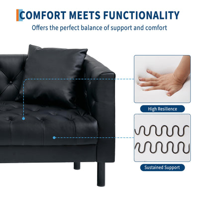 81 in Leather Couch for Living Room, Modern Leather Sofa with Deep Seat, Handmade Button Tufted 3 Seater Sofa, Chesterfield Couch for Apartment or Office, Black