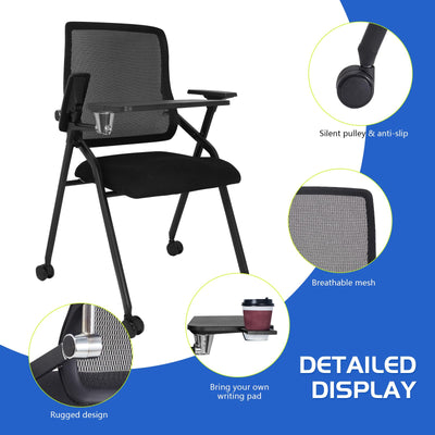 Updated Conference Room Chairs with Tablet Arm, Folding Office Desk Chair with Lumbar Support and Sliding Armrest with Casters, Stackable Office Guest Chairs & Reception Chairs, 1 Pack Black