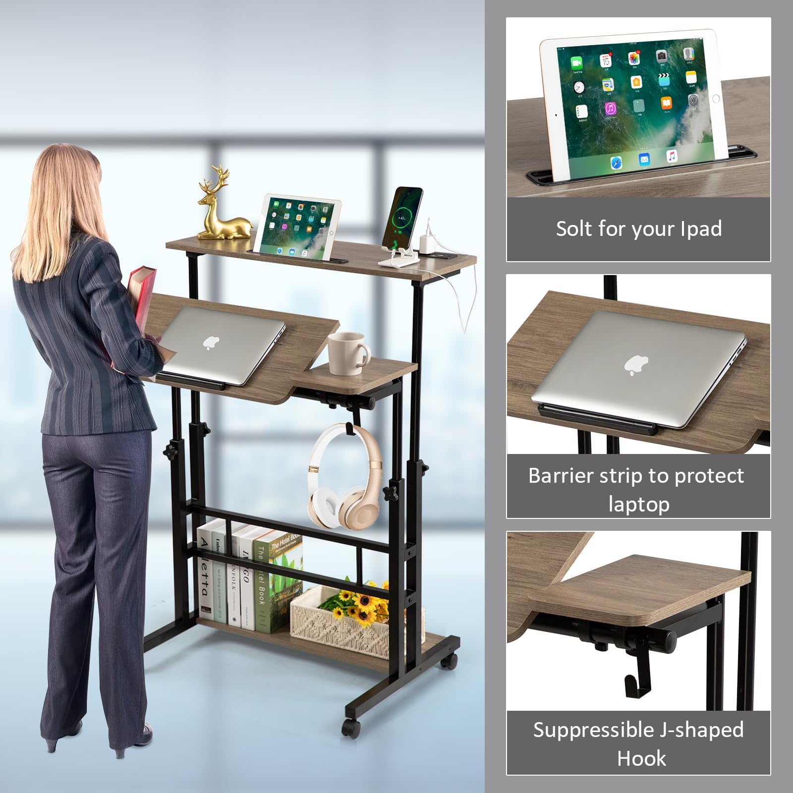 Rolling Stand Up Desk Adjustable Height - Portable Standing Desk with Wheels & Charging Station, Mobile Laptop Desk Small Standing Desk Drawing Table, Grey
