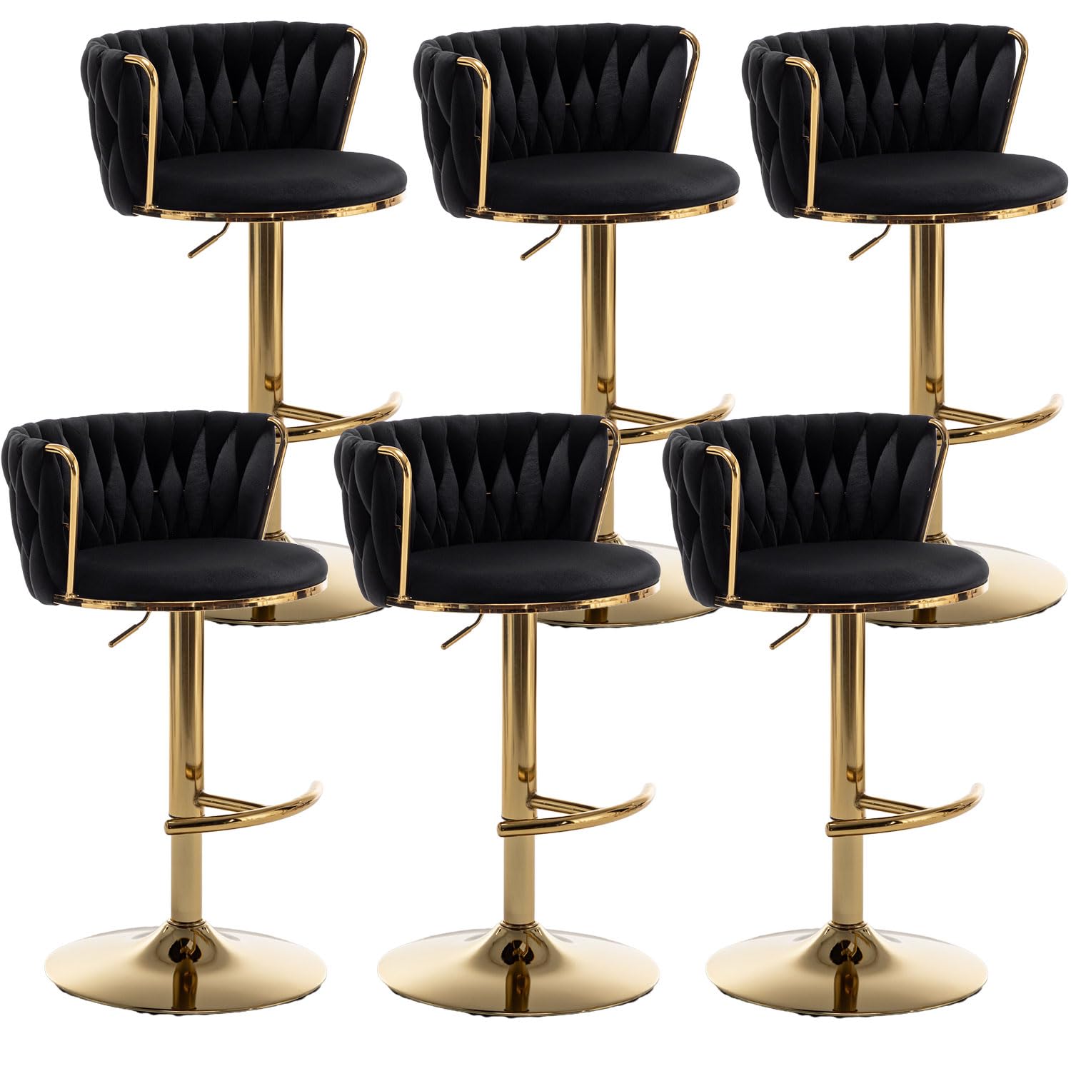 Gold Velvet Bar Stools Set of 6, Swivel Counter Height Bar Stools with Back, Adjustable Woven Barstools for Kitchen Island, Pub, Club (Black)