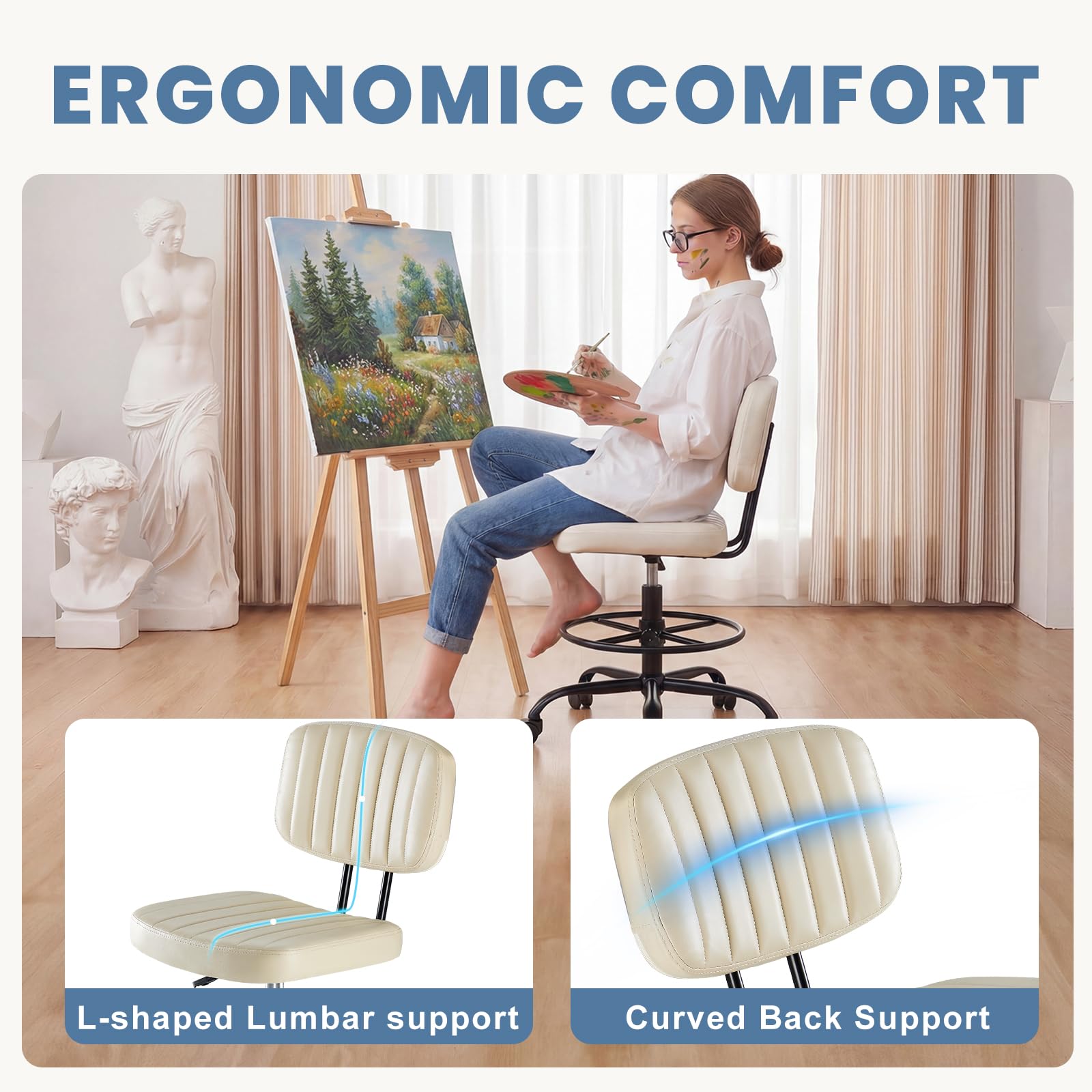 Armless Drafting Chair, Low Back Office Seat with Adjustable Footrest Ring for Standing Desk, Ergonomic PU Leather Office Seating, Swivel Rolling High Stool for Studio, Lab, Counter, Beige