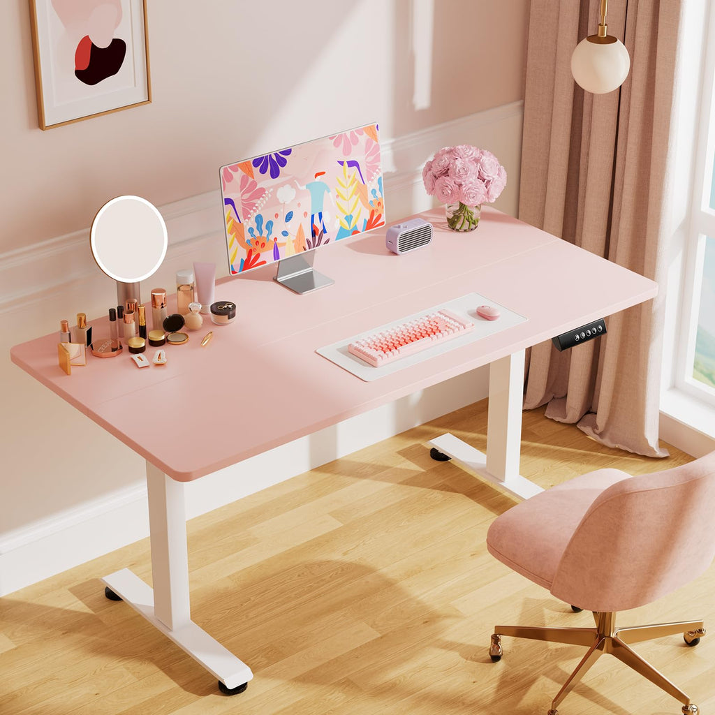 55 Inch Large Electric Standing Desk, 4 Memory Heights Adjustable,Sit to Stand Up, Work Home Office Computer Table for Study, Walking Pad, Writing, and Games, Wooden Desktop Desks, Pink