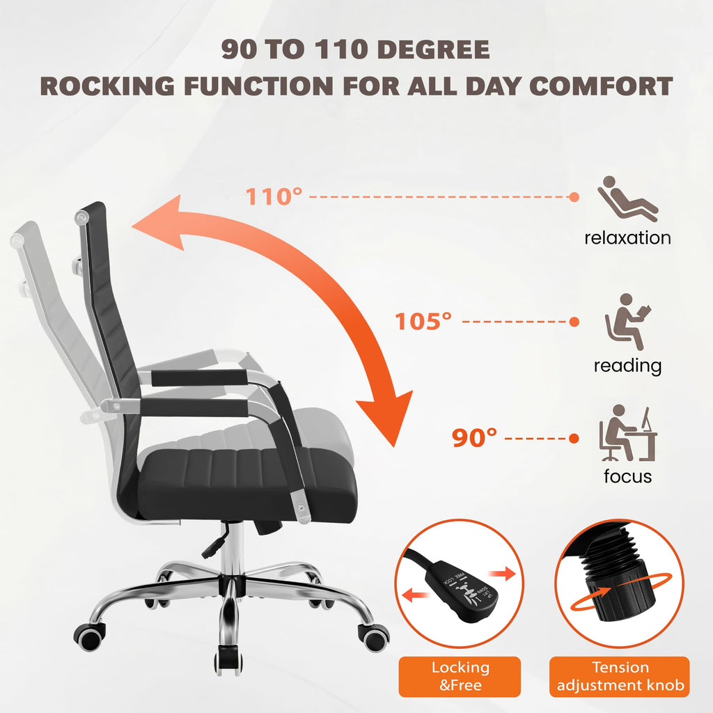 Ergonomic Office Desk Chair, Executive Ribbed Mid-Back PU Leather Conference Room Chair Adjustable Swivel Chair with Arms (2 pcs, Black)