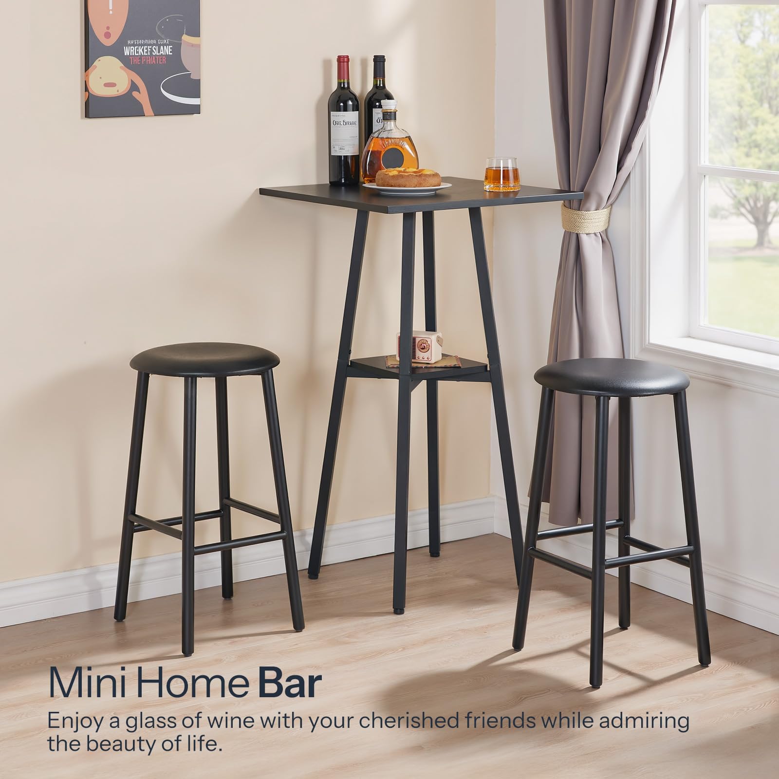 Bar Table, 2-Tier High Top Pub Table, Counter Height Table with Storage, Small Kitchen Dining Table, 36.6" High Bar Table for Living Room Party, Easy to Assemble, Black