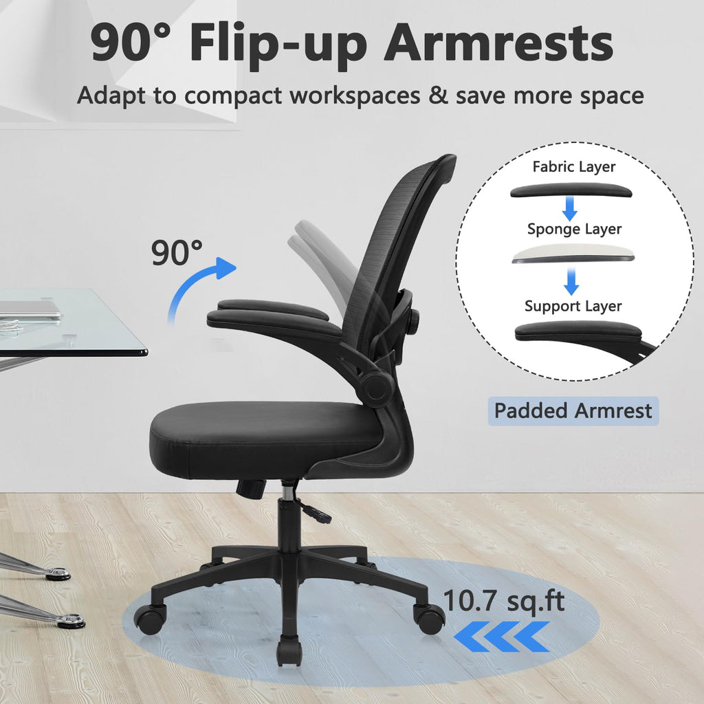 Home Office Desk Chair with Flip Up Armrests, Mesh Back Chair with Adjustable Height Lumbar Support and Leather Seat, Ergonomic Computer Task Chair for School, Conference, Black(8PK)