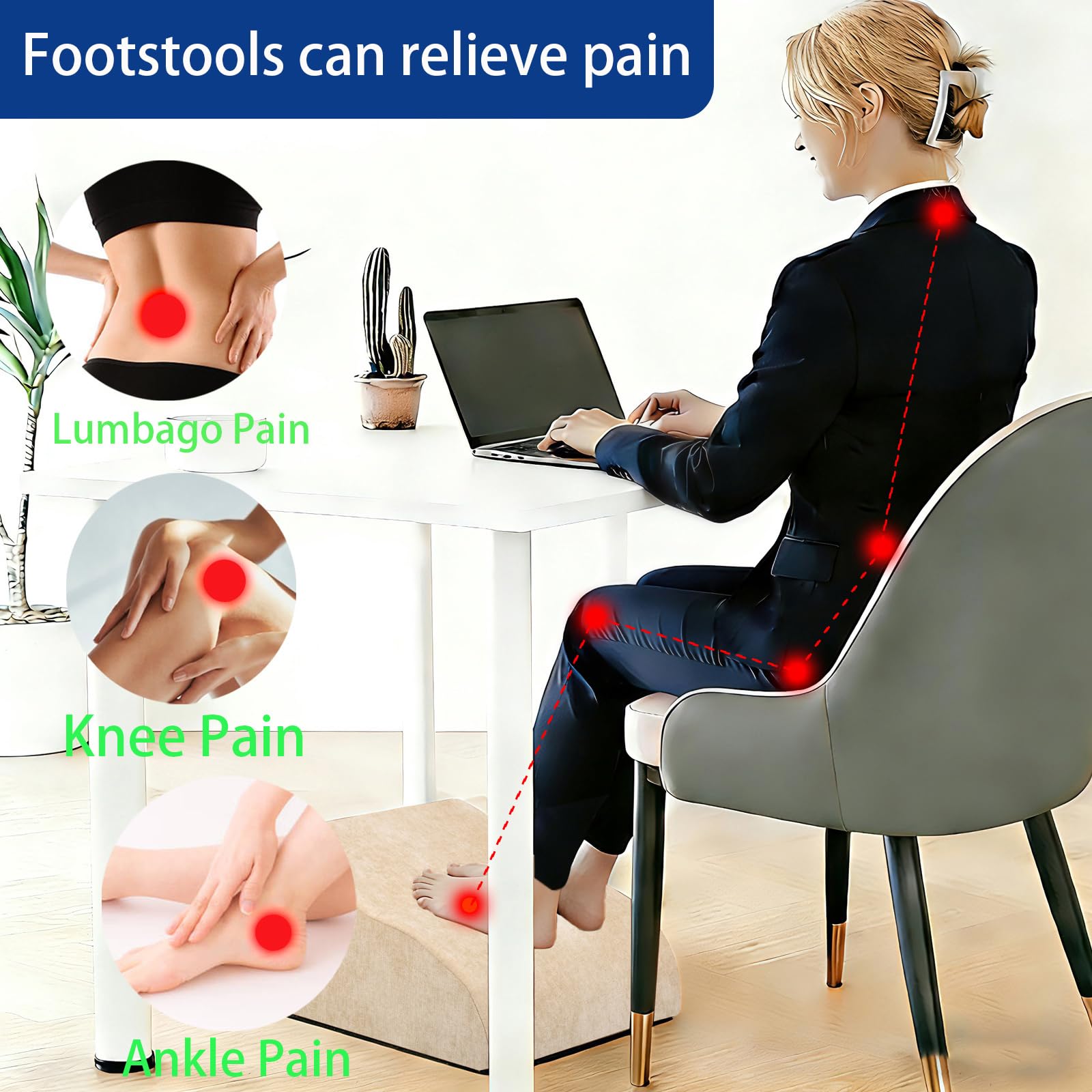 Foot Rest for Under Desk at Work, Ergonomic Under Desk Footrest with Washable Cover for Office, Home & Gaming Leg Elevation Pillow Beige