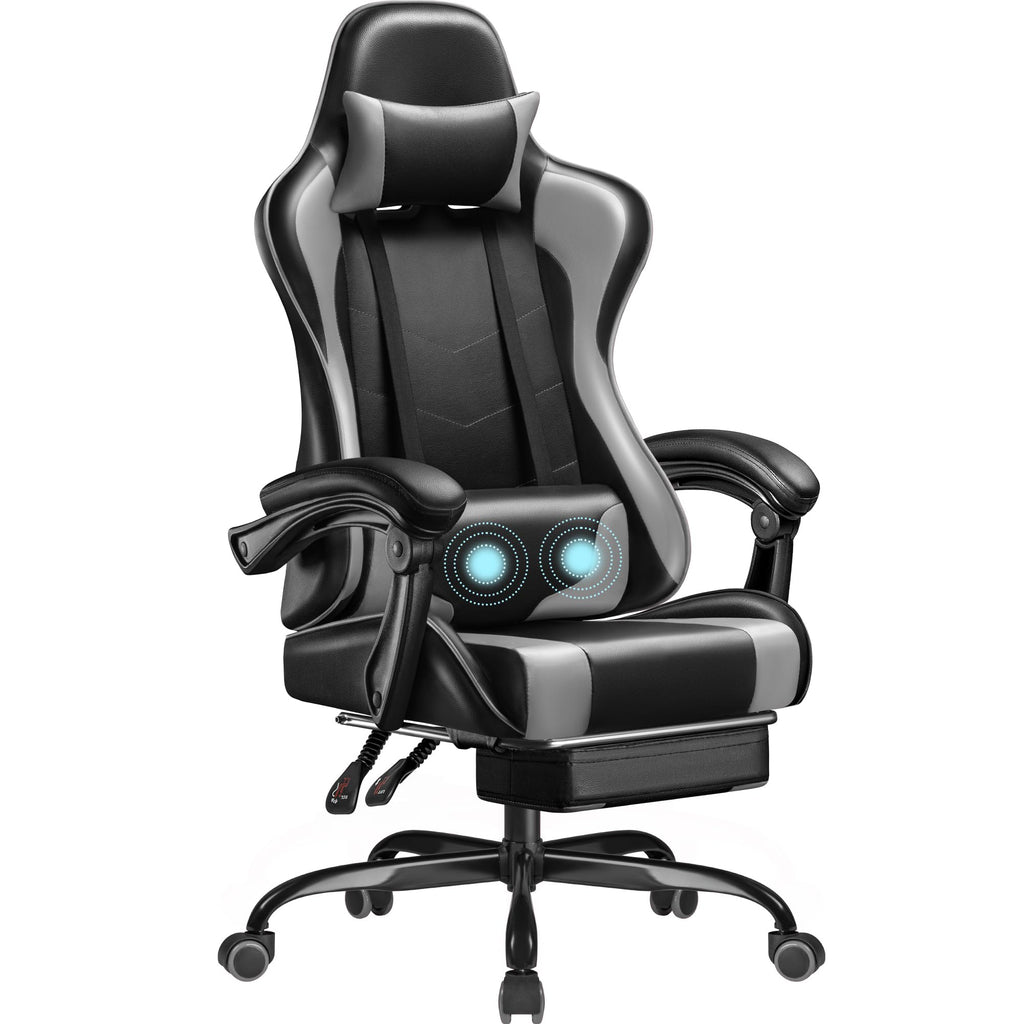 Gaming Chair, Video Game Chair with Footrest and Massage Lumbar Support, Ergonomic Computer Chair Height Adjustable with Swivel Seat and Headrest (Grey)