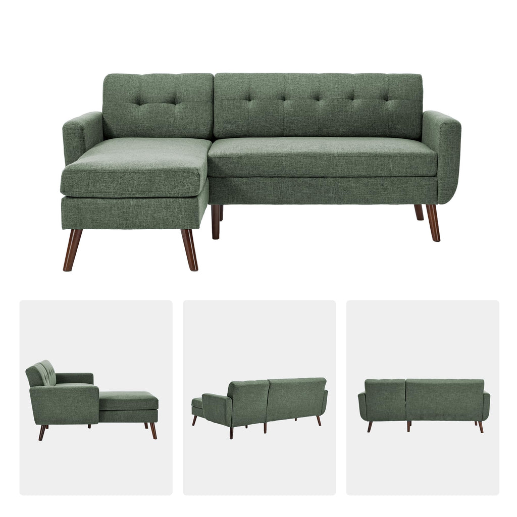 L Shaped Couch, 80" W Mid-Century Modern Sofa, Sectional Couches, 3 Seater Sofas with Wide Chaise Lounge, Button Tufted Upholstered Sectional Sofa for Living Room, Bedroom, Green