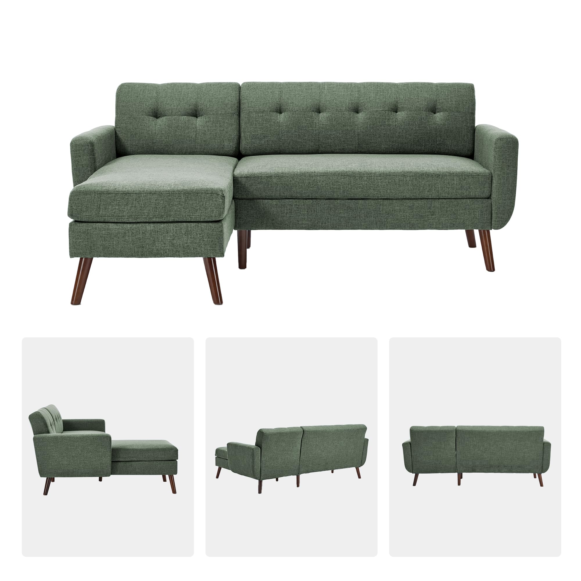 L Shaped Couch, 80" W Mid-Century Modern Sofa, Sectional Couches, 3 Seater Sofas with Wide Chaise Lounge, Button Tufted Upholstered Sectional Sofa for Living Room, Bedroom, Green