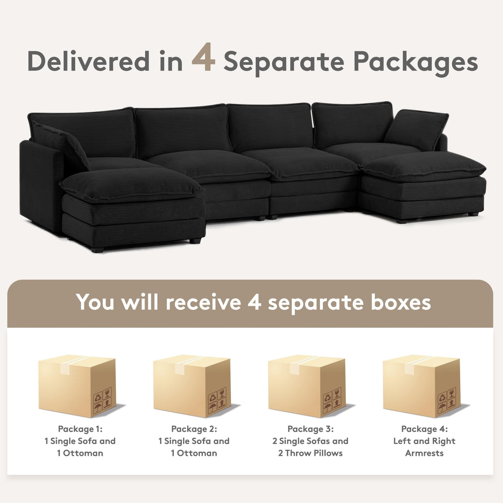 148'' Sectional Cloud Couch with 2 Ottomans, Oversized 4 Seat Sleeper Sofa with 2 Throw Pillows, Convertible Upholstered U Shaped Cozy Sofa Furniture Set for Living Room and Office, Black