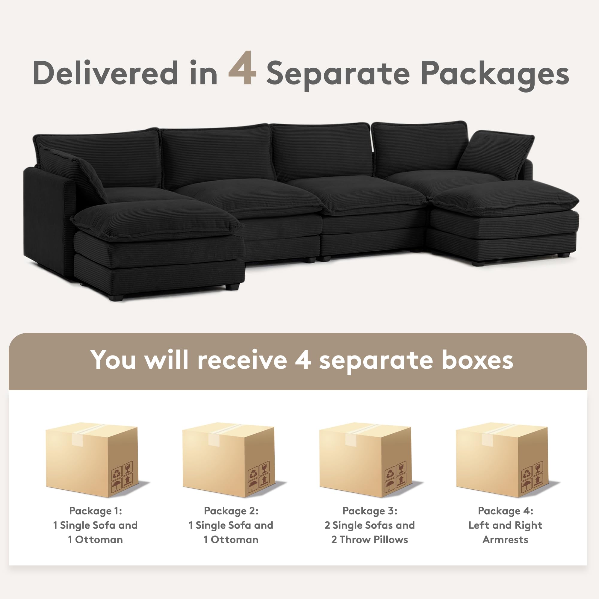148'' Sectional Cloud Couch with 2 Ottomans, Oversized 4 Seat Sleeper Sofa with 2 Throw Pillows, Convertible Upholstered U Shaped Cozy Sofa Furniture Set for Living Room and Office, Black