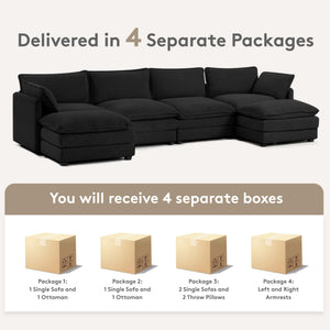 148'' Sectional Cloud Couch with 2 Ottomans, Oversized 4 Seat Sleeper Sofa with 2 Throw Pillows, Convertible Upholstered U Shaped Cozy Sofa Furniture Set for Living Room and Office, Black