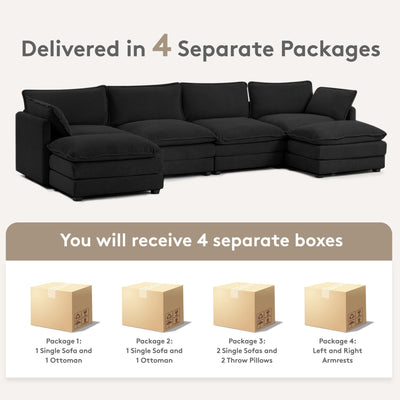148'' Sectional Cloud Couch with 2 Ottomans, Oversized 4 Seat Sleeper Sofa with 2 Throw Pillows, Convertible Upholstered U Shaped Cozy Sofa Furniture Set for Living Room and Office, Black