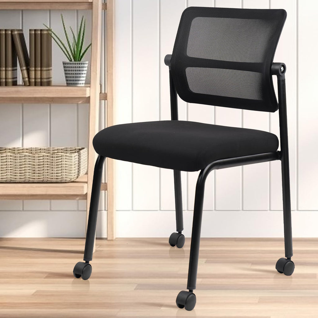 Stacking Armless Office Waiting Room Chair with Wheels, Stackable Mesh Guest Reception Desk Chairs with Adjustable Backrest for Conference Lobby Side School, Black, 4 Pack