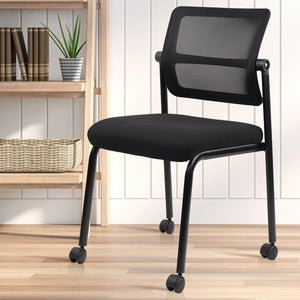Stacking Armless Office Waiting Room Chair with Wheels, Stackable Mesh Guest Reception Desk Chairs with Adjustable Backrest for Conference Lobby Side School, Black, 4 Pack
