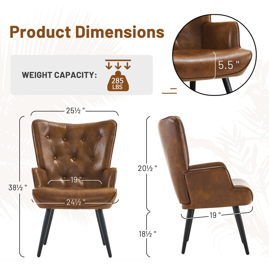 PU Leather Accent Chair for Living Room, Upholstered Reading Chair with High Backrest, Tufted-Button Wingback Armchair for Bedroom, Dressing Room, Home Office, Brown, Set of 2