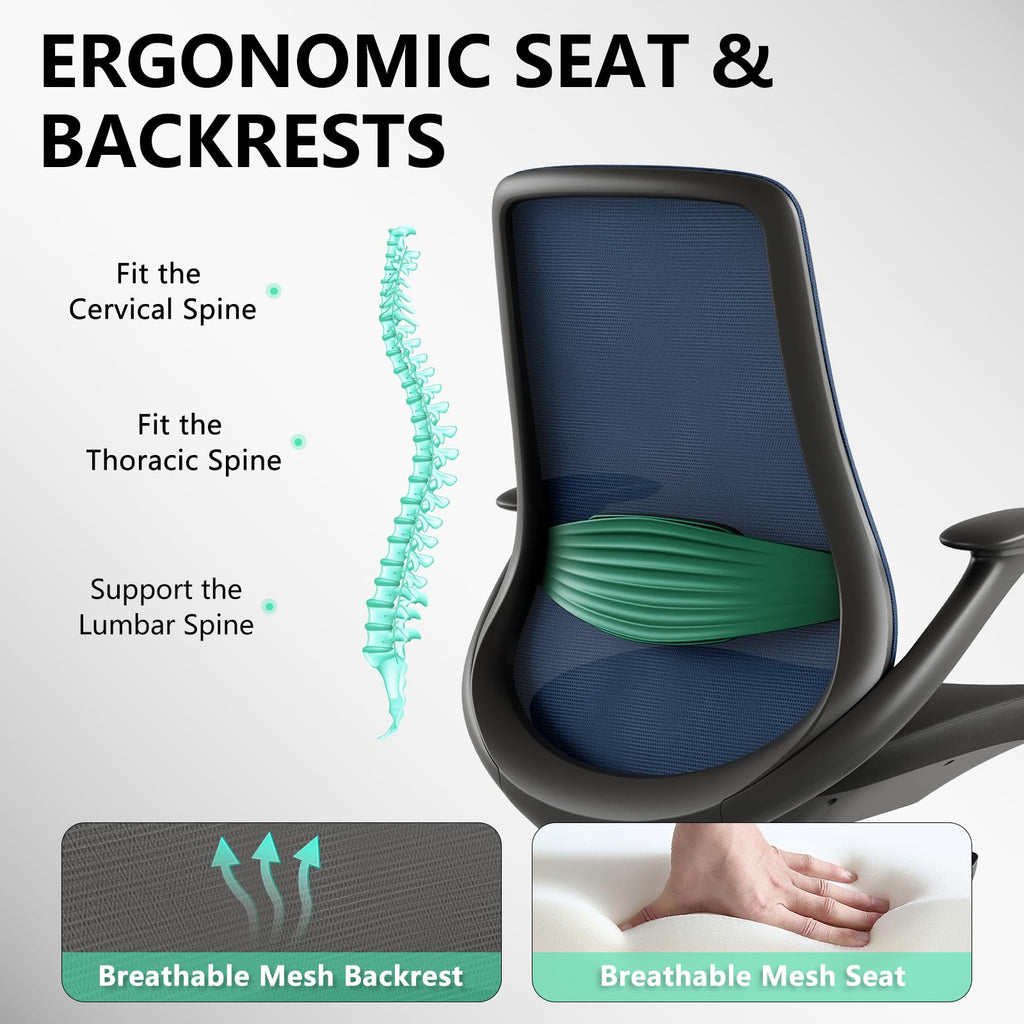 Ergonomic Office Chair, High Back Mesh Desk Chair with Lumbar Support, 360° Swivel & Slide-Adjustable Arms, Tilt Lock and Recline, Breathable Task Chair for Home Office & Gaming (Blue)