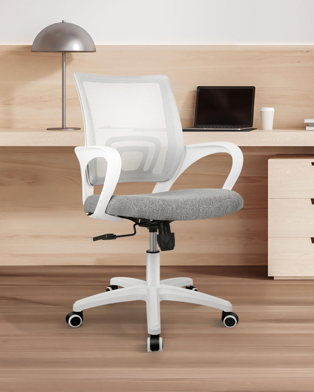 Office Desk Computer Chair Ergonomic Mesh Gaming Cushion Seat with Comfy Lumbar Mid Back Support Adjustable Height Swivel Rolling Wheels for Home Task (Grey)
