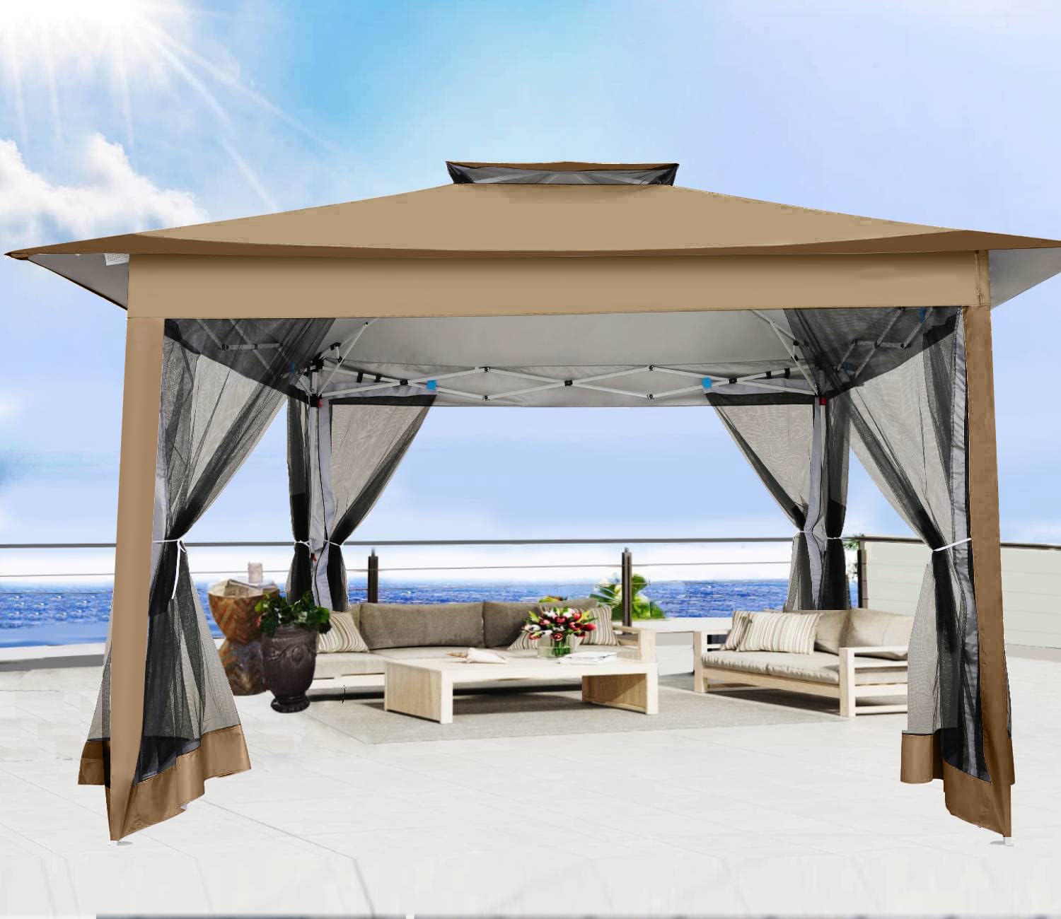 12x12 Pop Up Gazebo On Clearance Canopy Tent- Upgrade Metal Outdoor Canopy Waterproof - Portable Gazebo with Mosquito Nettings, 4 Ropes 8 Stakes and Carry Bag for Patio Garden(Coffee)