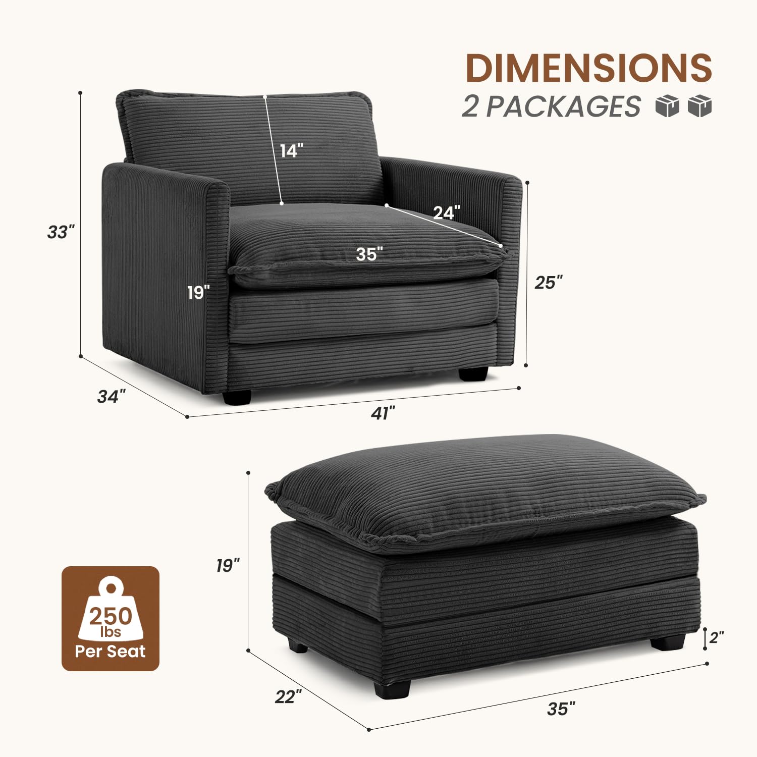 Single Armchair with Ottoman, Modern Corduroy Cloud Couch with Convertible Chaise, Upholstered Sofa Set for Living Room and Office, Dark Grey