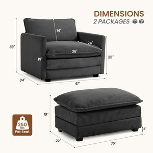 Single Armchair with Ottoman, Modern Corduroy Cloud Couch with Convertible Chaise, Upholstered Sofa Set for Living Room and Office, Dark Grey
