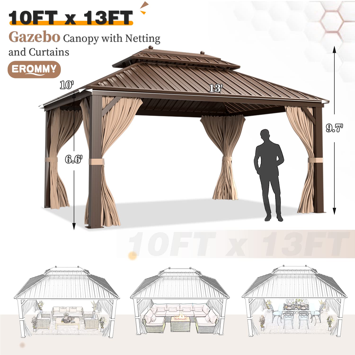 10'x13' Hardtop Gazebo Double Roof Galvanized Steel Canopy Outdoor Aluminum Frame Permanent Metal Pavilion with Netting and Curtains for Patio Backyard Deck and Lawns