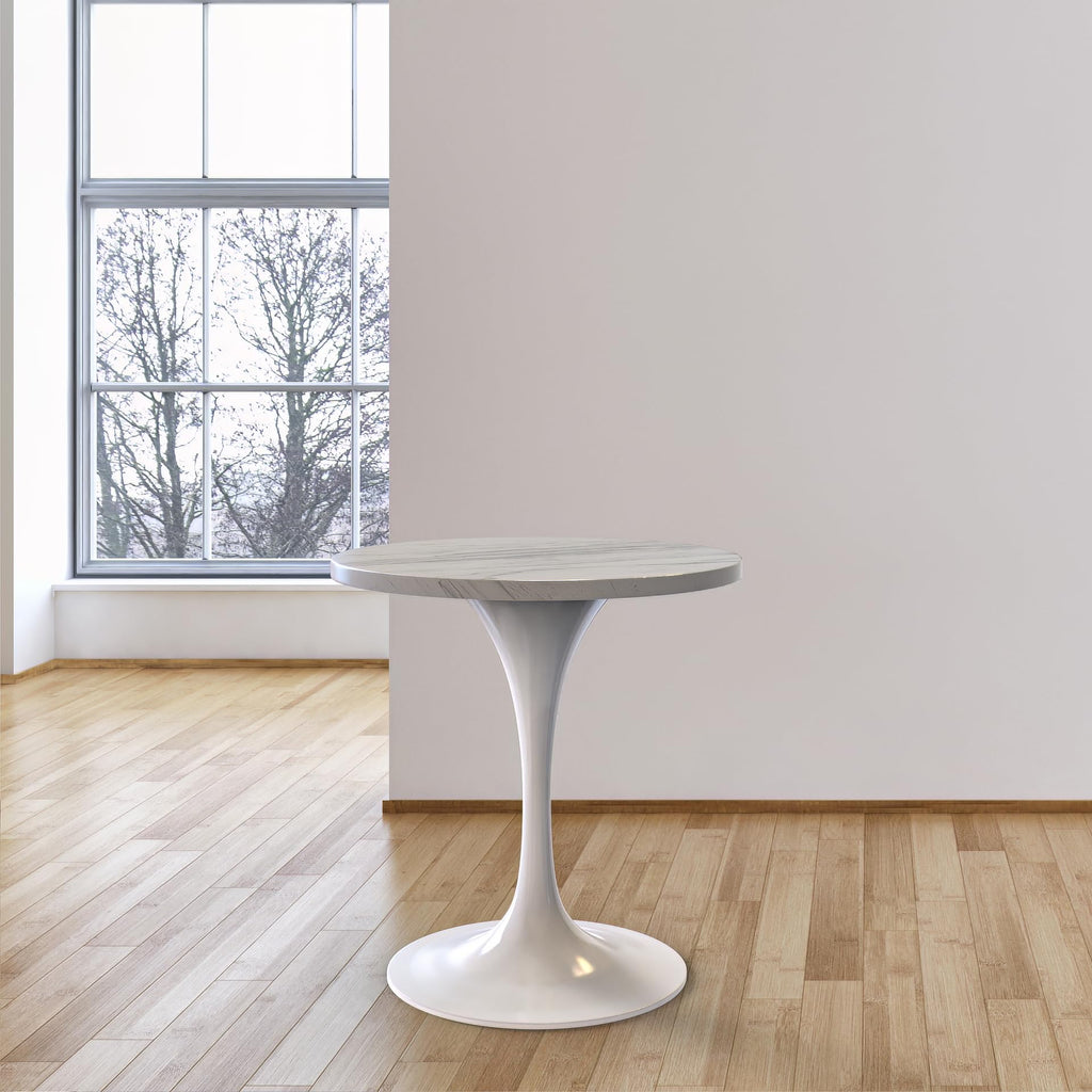 Modern Round Dining Table, White Resin Tabletop with Stainless Steel Pedestal Base, Contemporary Kitchen & Dining Room Table, Small Space Breakfast Nook Table (27 Inch)