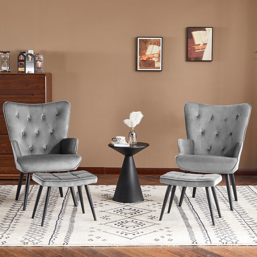 Velvet Accent Chair with Ottoman, Upholstered Reading Chair with High Backrest, Tufted-Button Wingback Armchair for Bedroom, Dressing Room, Home Office, Grey