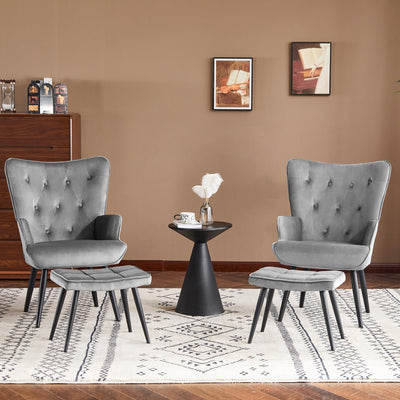 Velvet Accent Chair with Ottoman, Upholstered Reading Chair with High Backrest, Tufted-Button Wingback Armchair for Bedroom, Dressing Room, Home Office, Grey