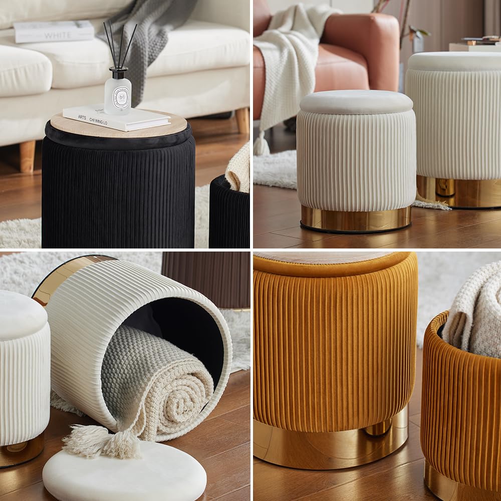 Round Ottoman Storage Set of 2 Velvet Ottoman for Living Room Small Foot Stool Small Coffee Table Vanity Stool with Storage for Bedroom Bedroom (Light Gray)