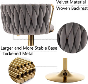 Gold Velvet Bar Stools Set of 3, Swivel Counter Height Bar Stools with Back, Adjustable Woven Barstools for Kitchen Island, Pub, Club (Grey)