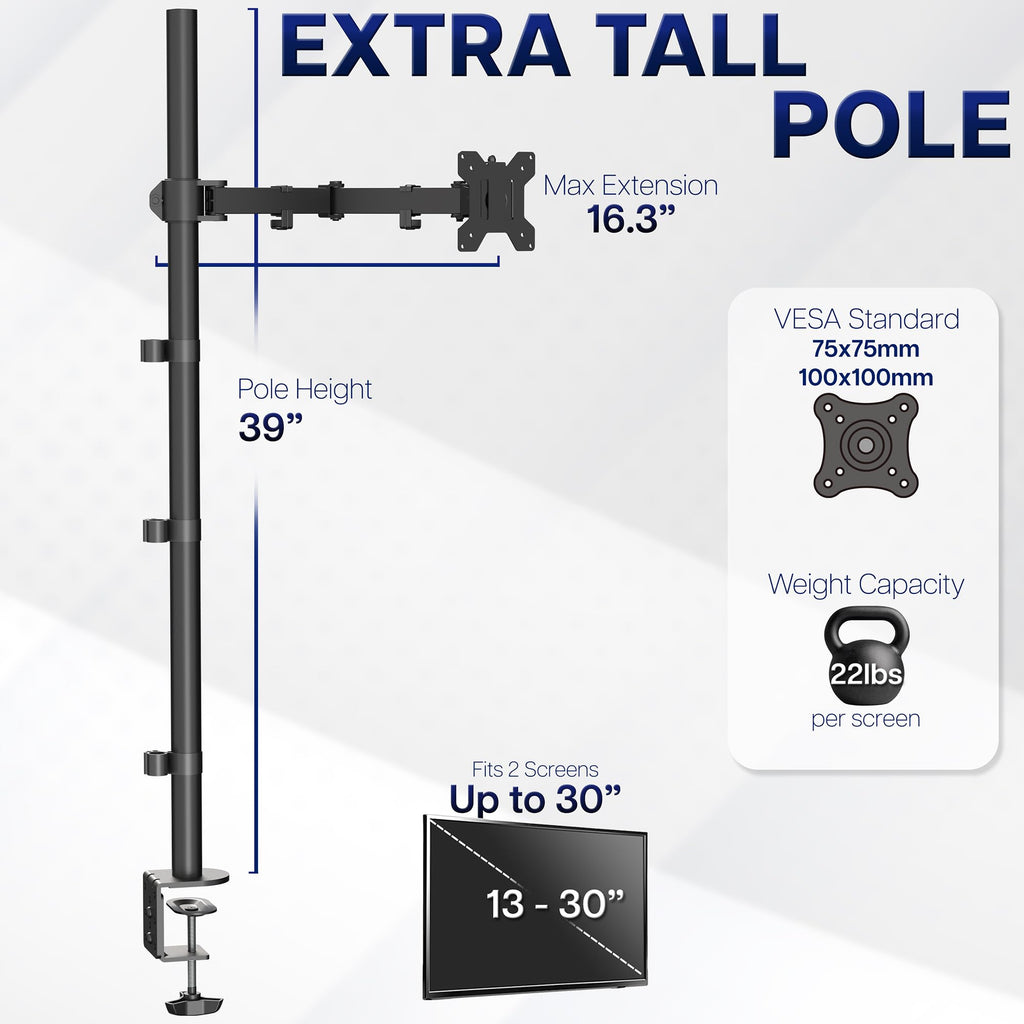 Extra Tall Single Monitor Desk Mount, 39 inch Pole VESA Stand for 13 to 32 inch Screens and up to 38 inch Ultrawides, Holds 22 lbs, Black, STAND-V011