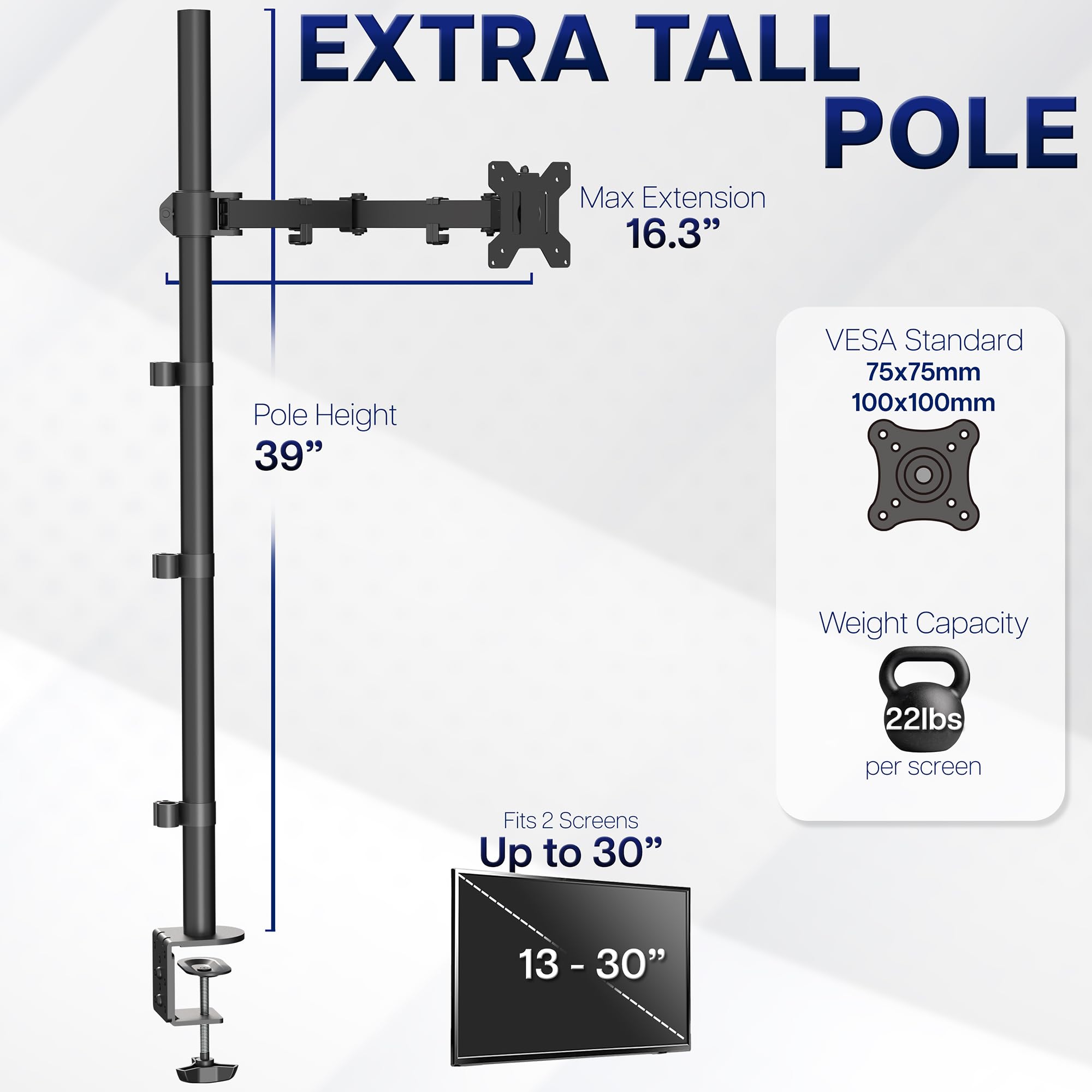 Extra Tall Single Monitor Desk Mount, 39 inch Pole VESA Stand for 13 to 32 inch Screens and up to 38 inch Ultrawides, Holds 22 lbs, Black, STAND-V011