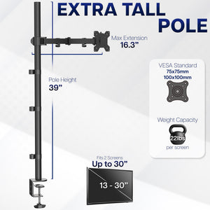 Extra Tall Single Monitor Desk Mount, 39 inch Pole VESA Stand for 13 to 32 inch Screens and up to 38 inch Ultrawides, Holds 22 lbs, Black, STAND-V011