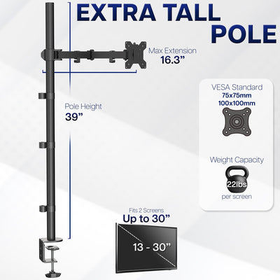 Extra Tall Single Monitor Desk Mount, 39 inch Pole VESA Stand for 13 to 32 inch Screens and up to 38 inch Ultrawides, Holds 22 lbs, Black, STAND-V011
