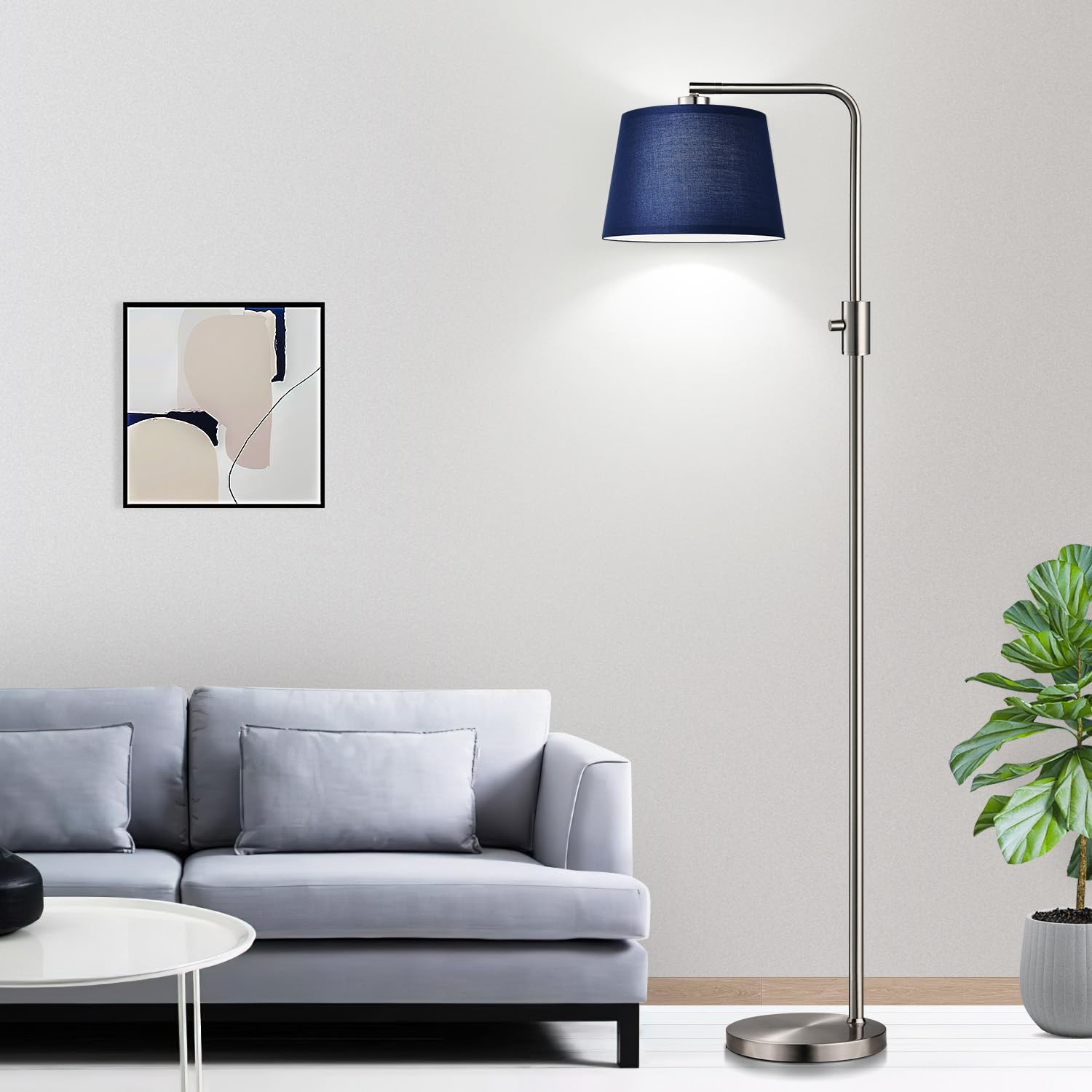 Dimmable Floor Lamp, 1000 Lumens LED Edison Bulb Included, Brushed Nickel Arc Standing Tall Floor Lamp with Blue Shade for Living Room Bedroom Office Dining Room