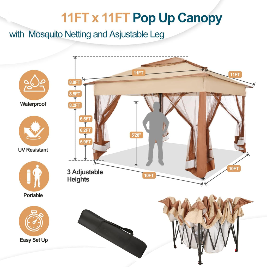 11x11 Pop Up Gazebo Canopy Tent Easy Up Outdoor Gazebo Waterproof Upgrade Portable Gazebo with Mosquito Nettings, Double Vented Roof and Carry Bag for Patio Garden Lawn(Khaki)