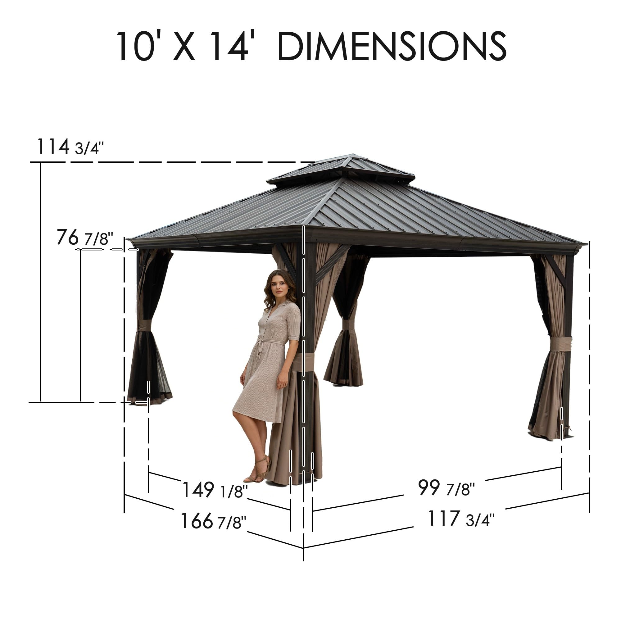 10' x 14' Hardtop Gazebo, Aluminum Frame with Galvanized Steel Double Roof, Outdoor Permanent Pavilion with Curtains and Netting for Patio, Backyard, Deck, Lawn (Brown)