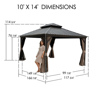 10' x 14' Hardtop Gazebo, Aluminum Frame with Galvanized Steel Double Roof, Outdoor Permanent Pavilion with Curtains and Netting for Patio, Backyard, Deck, Lawn (Brown)