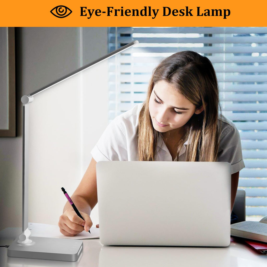 LED Desk Lamp with USB Ports,Touch Desk Lamps for Home Office with 5 Color Modes,3 Brightness Desk Light with Small Night Light,Reading Lamp Table LED Lamp for Bedroom Bedsid Study Sliver